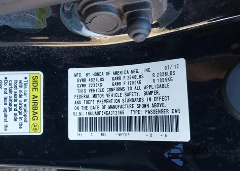 2012 Acura Tl 3.7 из США, поврежденный, VIN 19UUA9F54CA012366